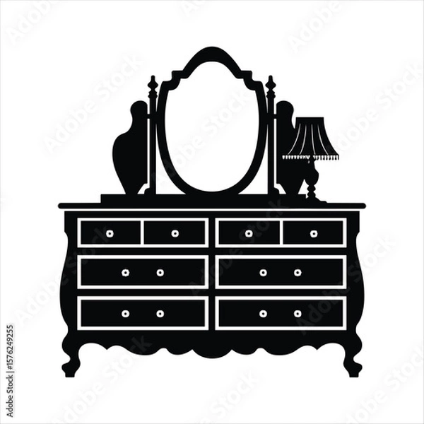 Obraz Black silhouette of a vintage dresser with mirror and lamp on white background furniture