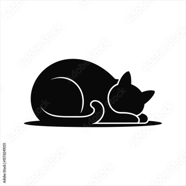 Obraz Black silhouette of a sleeping cat curled up on a white background vector