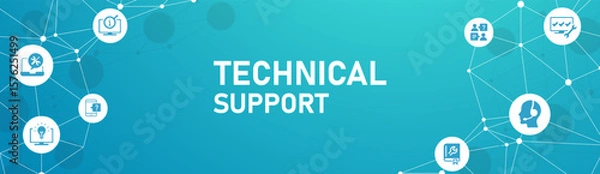 Fototapeta IT support vector illustration. Blue concept with icons related to IT helpdesk, hotline or helpline, remote or online tech support, technical assistance, specialist software support.