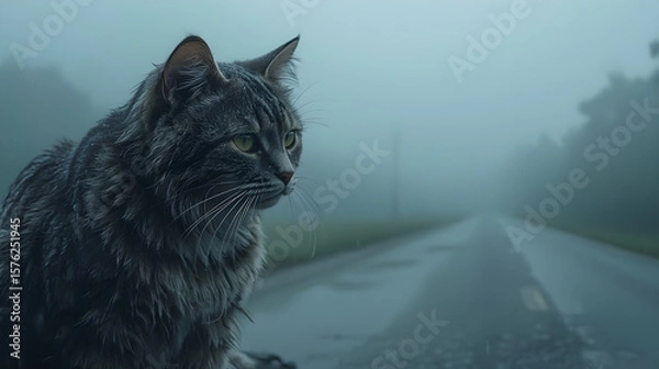 Fototapeta Stray Cat in Rain on Roadside Guardrail with Foggy Background