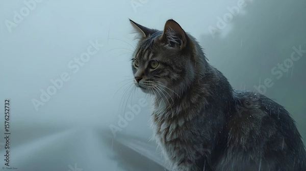 Fototapeta Stray Cat in Rain on Roadside Guardrail with Foggy Background