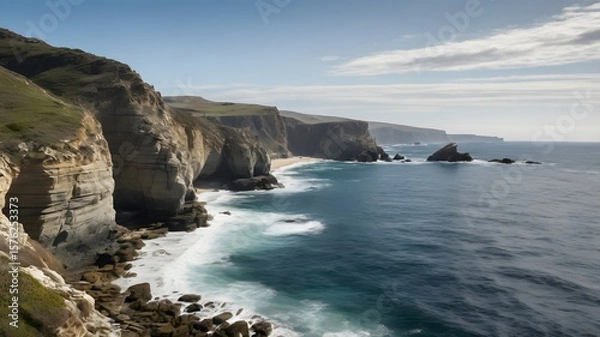 Fototapeta Dramatic Coastal Cliffs and Ocean Waves Under a Clear Sky
