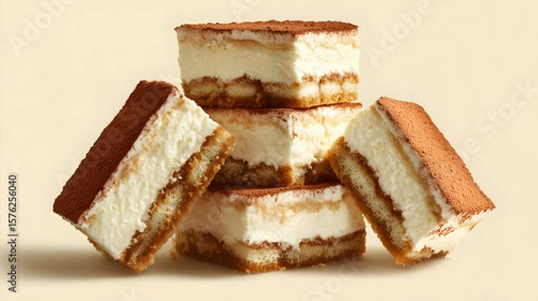 Fototapeta Closeup of creamy tiramisu slices stacked on light background. Layered Italian dessert made with mascarpone, coffee-soaked sponge cake, and cocoa powder.