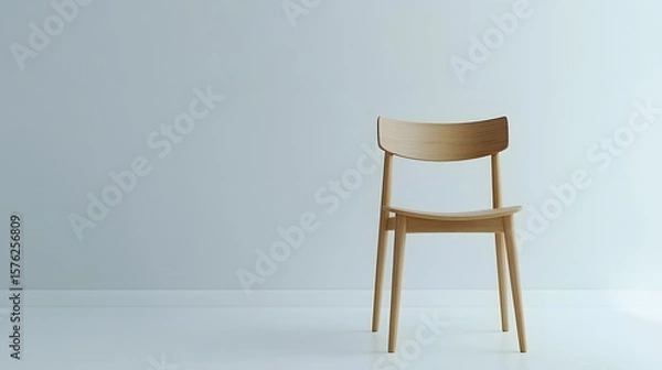 Fototapeta Tranquil Minimalist Interior Scene with a Sleek Wooden Chair and Soft Blue Cushion Bathed in Sunlight