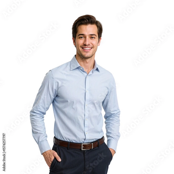 Fototapeta Confident young man in a light blue shirt and dark trousers standing with hands in pockets, smiling broadly, isolated transparent background.