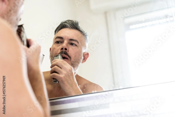 Fototapeta Man trimming his beard and mustache with an electric razor while looking at himself in the bathroom mirror. A moment of male personal care and grooming routine at home. Daily hygiene.