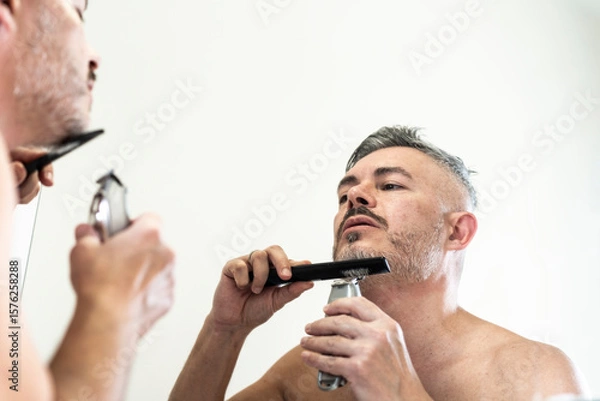 Fototapeta middle-aged man grooming his beard in front of the mirror using an electric trimmer and a comb. The image represents male self-care and daily hygiene. Modern masculinity and personal grooming concept