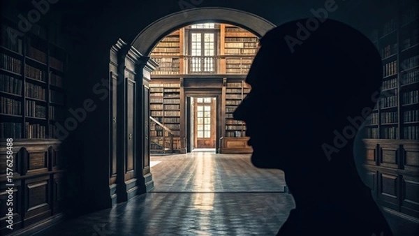 Fototapeta Silhouette in Library with Books and Arched Doorway