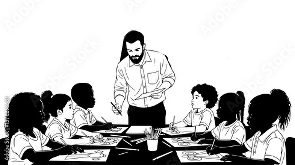 Fototapeta A teacher instructs a diverse classroom of students in an art project, creating a focused and creative learning atmosphere.