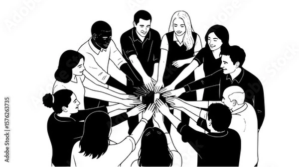 Fototapeta team, teamwork, people, group, collaboration, cooperation, circle, community, together, unity, connection, hands, diverse, ethnicity, multiracial, partnership, agreement, support, corporate, business,