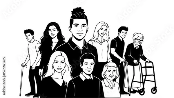 Fototapeta Diverse family generations gathered, a monochrome illustration showing young, adult, and senior figures, creating a sense of community.