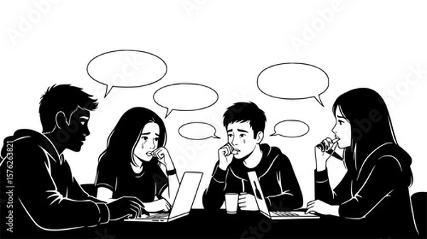 Fototapeta Diverse students collaborate on laptops with thought bubbles in a black and white illustration showing teamwork and communication.