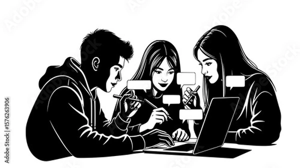Fototapeta Three young people intently focus on a laptop, engaged in a collaborative discussion and learning session
