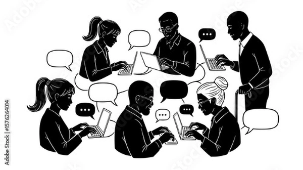 Fototapeta A diverse group of people are silhouetted around a table, working on laptops and communicating with speech bubbles
