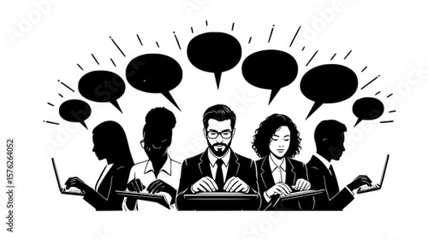 Fototapeta A diverse group of professionals engage in lively discussion and collaboration, with speech bubbles indicating communication