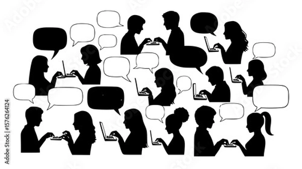 Fototapeta A large, diverse group of people actively communicating and working on laptops, with numerous speech bubbles signifying interaction