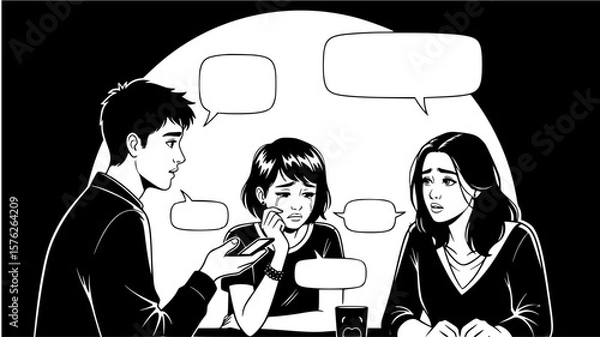 Fototapeta A man gestures while talking to two sadlooking teenagers who are focused on their phones
