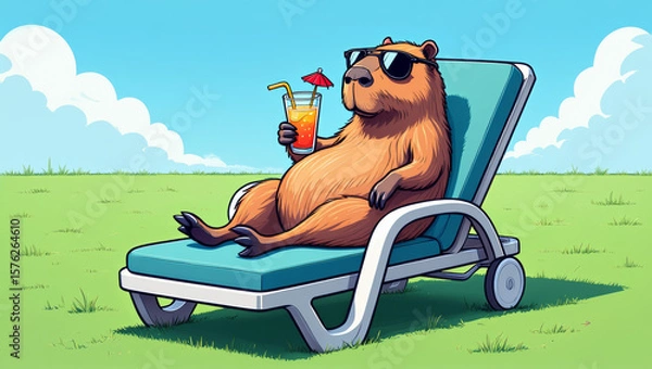 Fototapeta A capybara lies on a lounge chair relaxing peacefully while enjoying a colorful cocktail under the warm sun..
