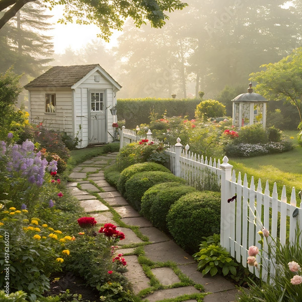 Obraz In a picture a house that are in a beautiful garden and a beautiful place with a rose flowers and a path that go to the house