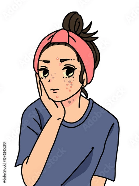 Obraz 頬に手を当てて困り顔の女性, すっぴん, しみ, ニキビ