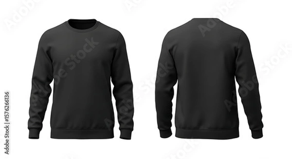 Fototapeta Front and back view of a plain black crewneck sweatshirt isolated on white