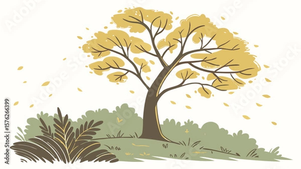 Fototapeta Stylized autumn tree with falling yellow leaves and foliage isolated on white background