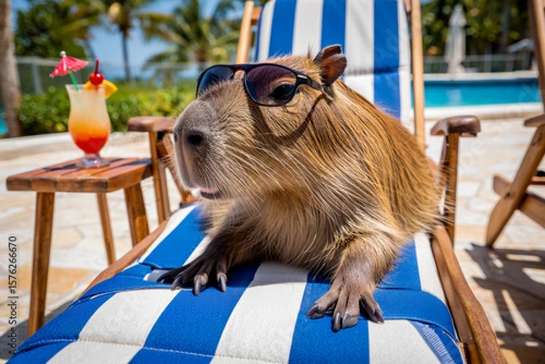 Fototapeta A capybara lies on a lounge chair relaxing peacefully while enjoying a colorful cocktail under the warm sun..