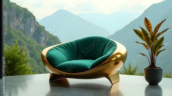Fototapeta Rounded cocoon style chair on reflective floor beside variegated plant and large windows showing cloudy sky