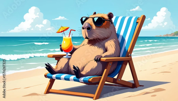 Fototapeta Capybara relaxing with a cocktail on a lounge chair, enjoying the beach view under sunny skies and palm trees..