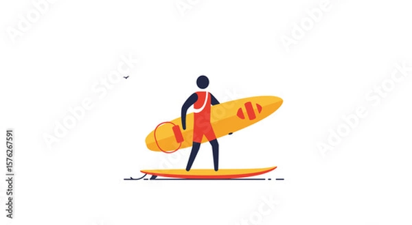 Obraz Surf lifesaving. Surfer carrying yellow surfboard on beach with playful stance  