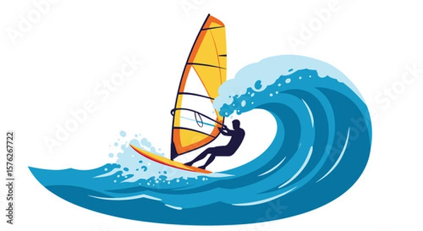 Obraz Windsurfer riding a wave with colorful sail in ocean scene. Windsurfing wave  