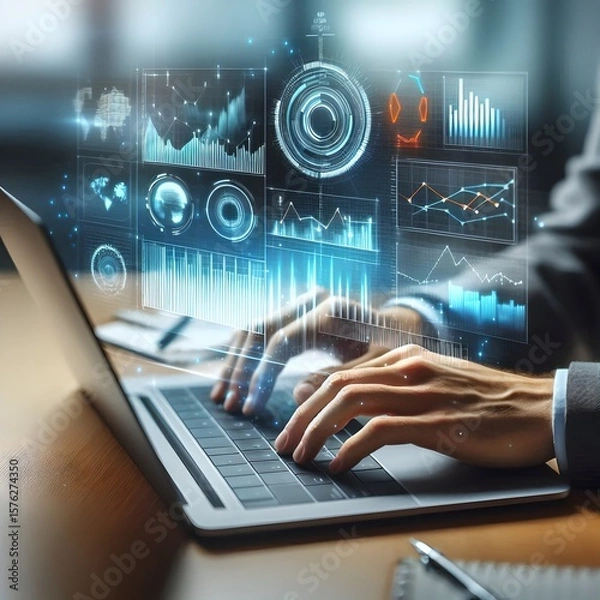 Fototapeta Digital Data Visualization Over Laptop Keyboard with Futuristic Analytics Charts and Holographic Business Interface