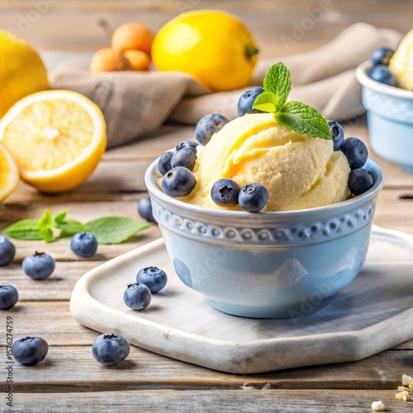 Obraz Sugar free lemon blueberry protein ice cream with antioxidant rich toppings, fitness friendly treat, fitness recovery dessert for active lifestyles