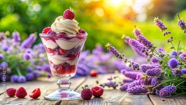 Obraz Elegant raspberry lavender ice cream sundae with edible flowers and whipped cream in tall glass, floral dessert sophistication, floral gourmet perfection for garden parties and luxury events