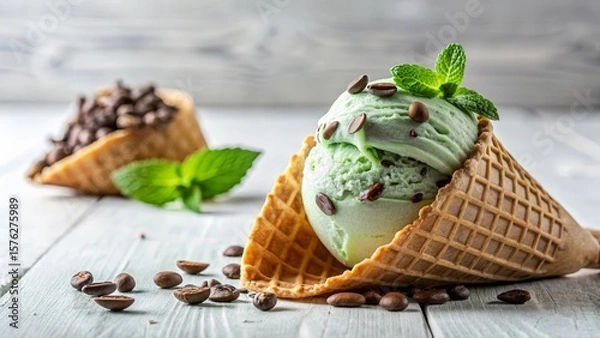 Obraz Sugar free mint ice cream with dark chocolate chips and protein fudge sauce, guilt free indulgence, guilt free energy boost for fitness recovery and keto diets