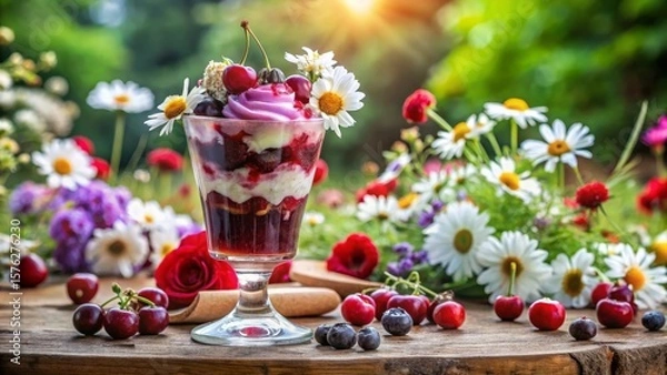 Obraz Rich cherry blackcurrant ice cream sundae with fresh berries and whipped cream swirl in tall glass, indulgent berry bliss, indulgent summer dessert perfect for gourmet cafes and food photography