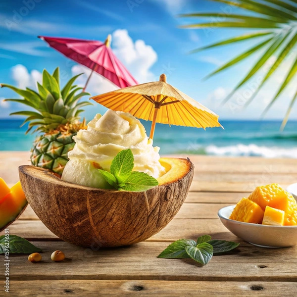 Obraz Exotic tropical ice cream in coconut shell with fresh pineapple and mango, beachfront dessert fantasy, beachfront vacation vibes perfect for island resorts and summer campaigns