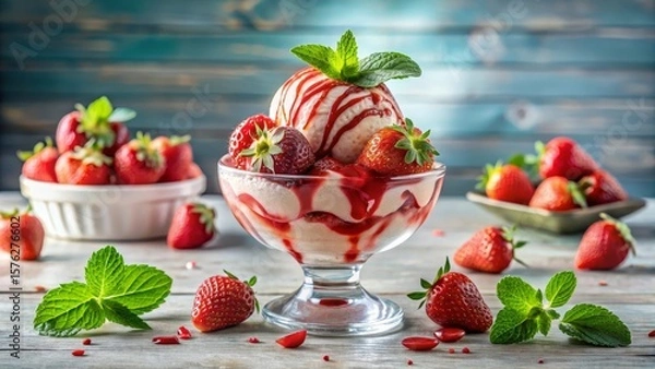 Obraz Sugar free strawberry protein ice cream with antioxidant berry sauce and fresh garnish, guilt free berry bliss, guilt free dessert innovation for active lifestyles