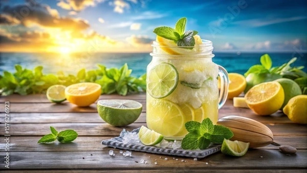 Obraz Chilled lemon lime sorbet in glass jar with citrus garnish and mint, beachfront refreshment, beachfront cooling treat perfect for seaside cafes and summer menus