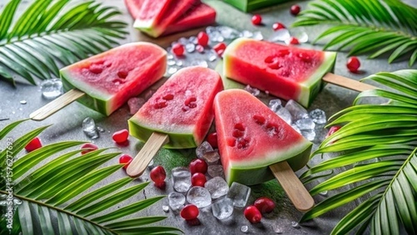 Obraz Sugar free watermelon ice pops with dark chocolate seeds on ice, guilt free summer snack, guilt free hydration boost for active lifestyles and weight management