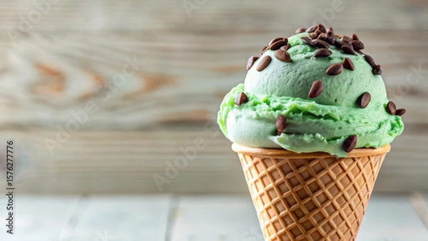 Obraz Creamy mint chocolate chip ice cream in crispy waffle cone with rich fudge drizzle, classic flavor reinvented, classic dessert perfection for ice cream parlors and summer campaigns