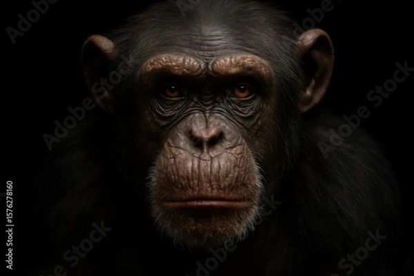 Fototapeta The Eyes of a Chimpanzee Against a Black Background