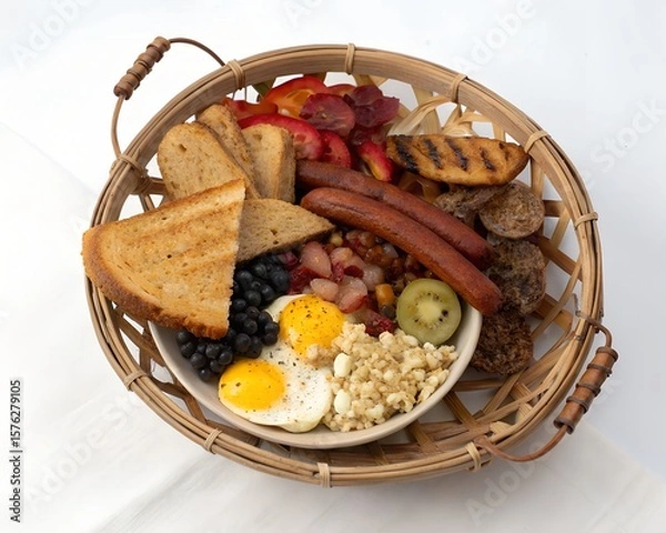 Obraz Rustic basket with loaded breakfast plate toast and assorted foods on white background for editorial food stock