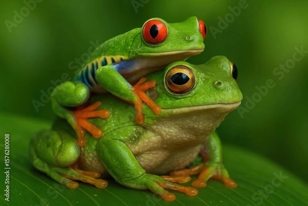 Fototapeta Two Green Frogs in Verdant Harmony