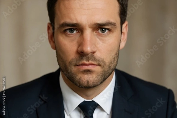 Fototapeta A man in a suit stands resolute against a muted backdrop
