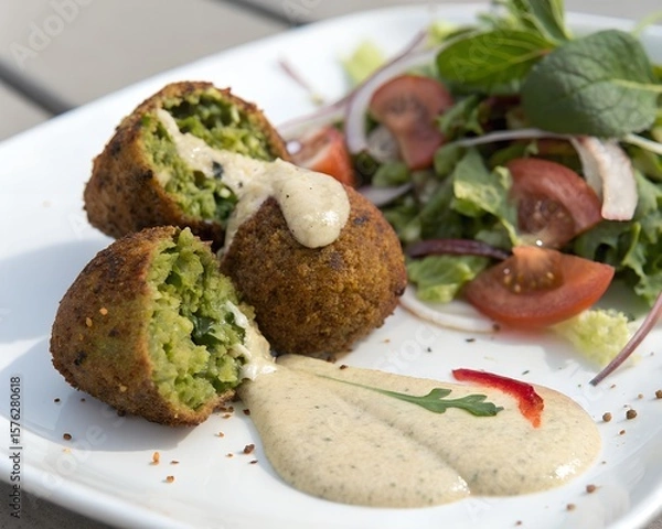 Obraz Falafel with visible inside texture and tahini sauce on clean white background for food stock use