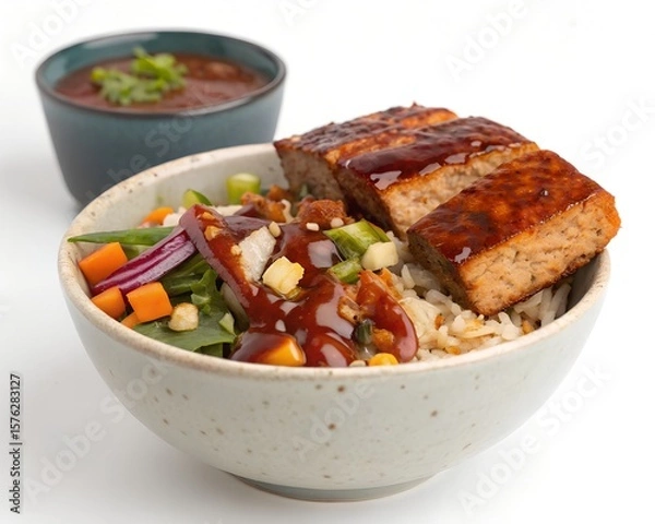 Obraz BBQ Tempeh Bowl close up with half bitten tempeh piece showing sauce texture on white background