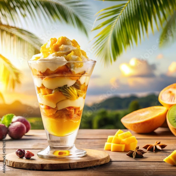 Obraz Luscious mango passionfruit ice cream sundae with tropical fruit garnish in tall glass, exotic dessert fantasy, exotic vacation vibes perfect for beach resorts and summer campaigns