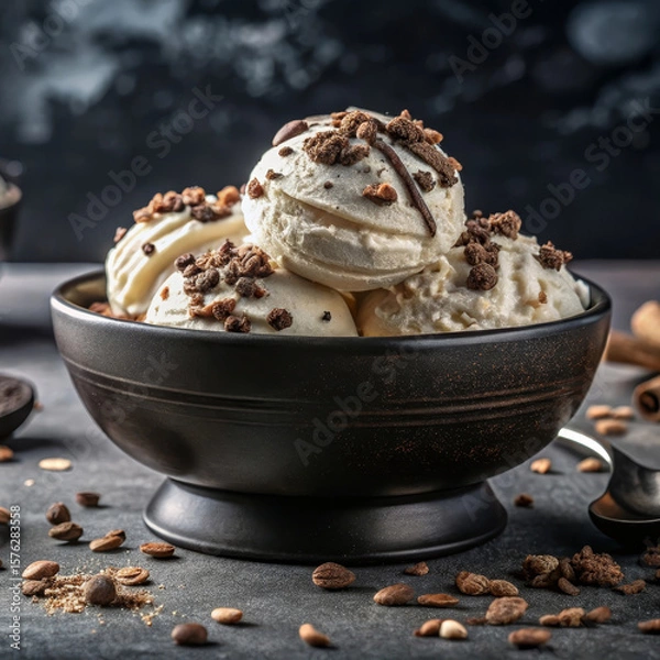 Obraz Low calorie cookies and cream ice cream with sugar free cookie pieces in black bowl, guilt free dessert, guilt free pleasure perfect for weight management and fitness lifestyle