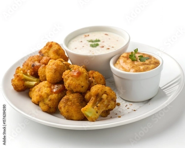 Obraz Spicy curry cauliflower bites served with yogurt sauce on clean white plate